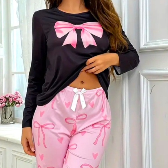 Coquette Pink & Black Bowknot‎ Print Comfy Pajamas Pj’s Long Sleeve Lounge Set - Picture 5 of 8